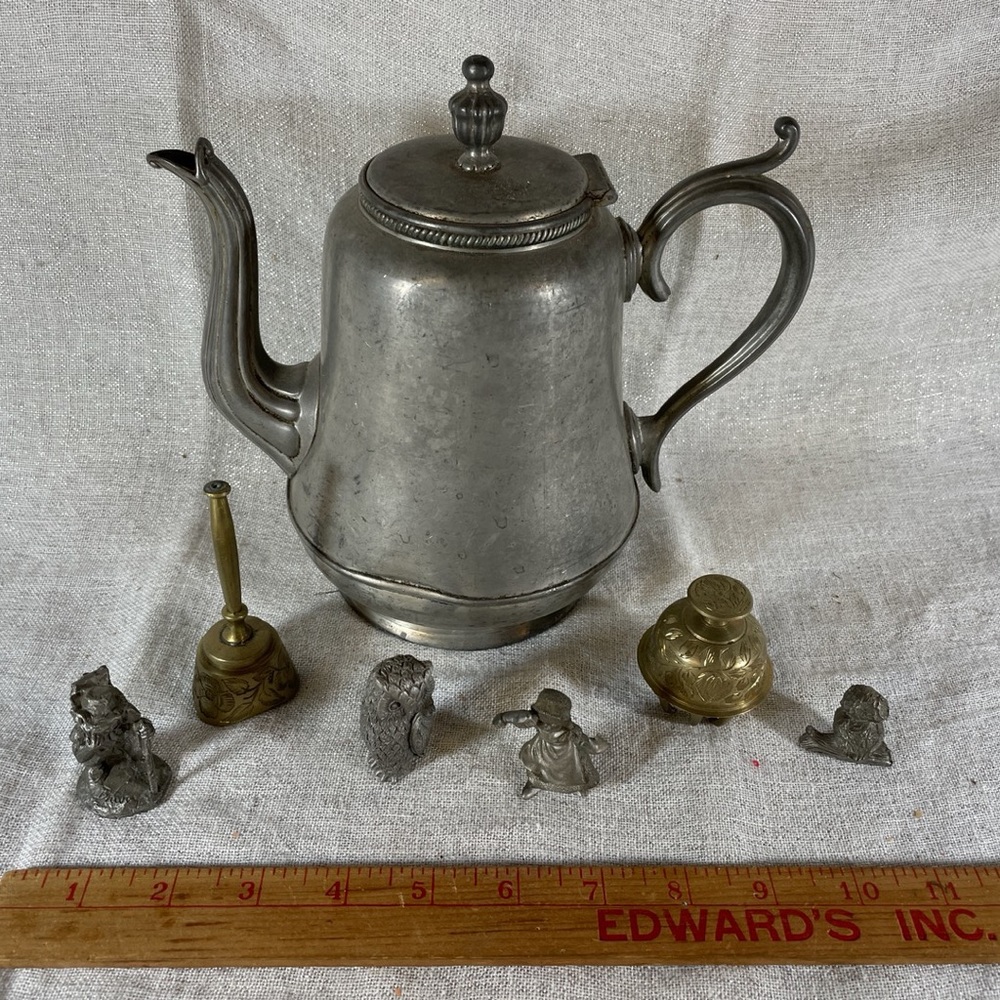 Antique Pewter Coffee Pot W/ 7 Metal Decor Items Vintage